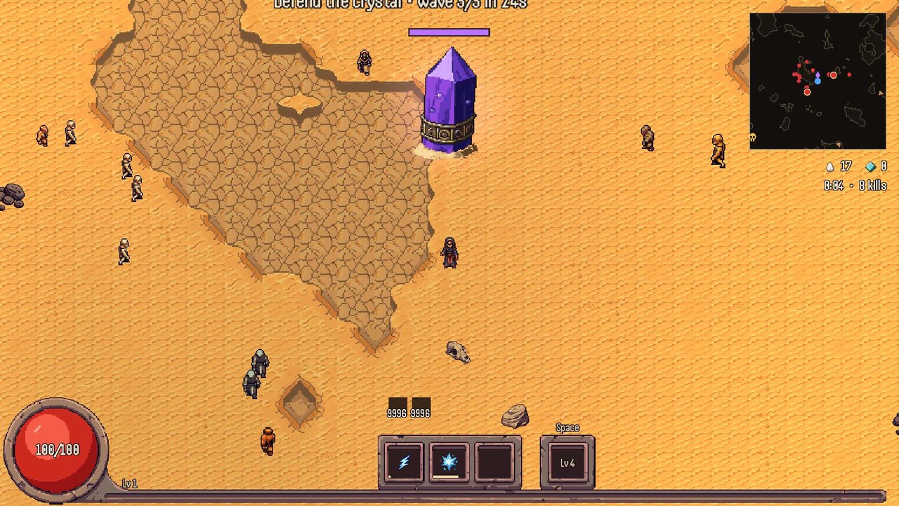 Defending an ancient purple crystal from waves of enemies
