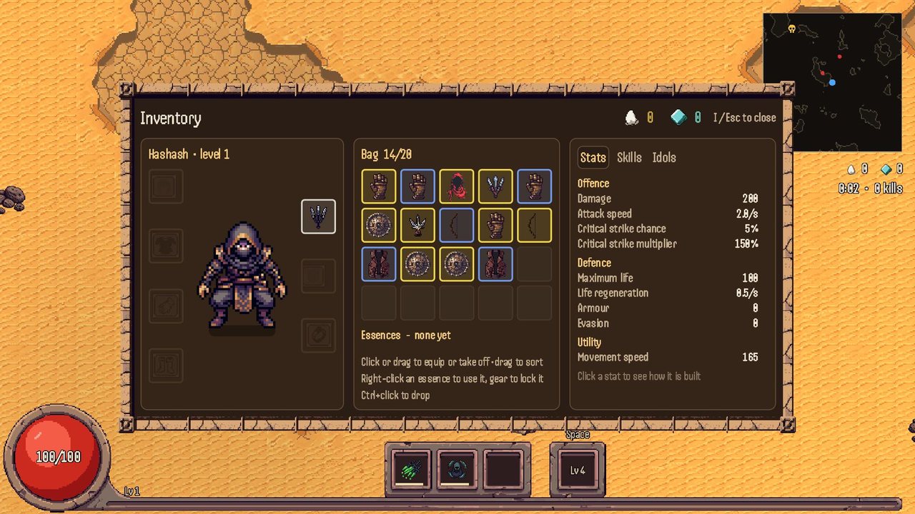 The inventory with gear, essences and stats
