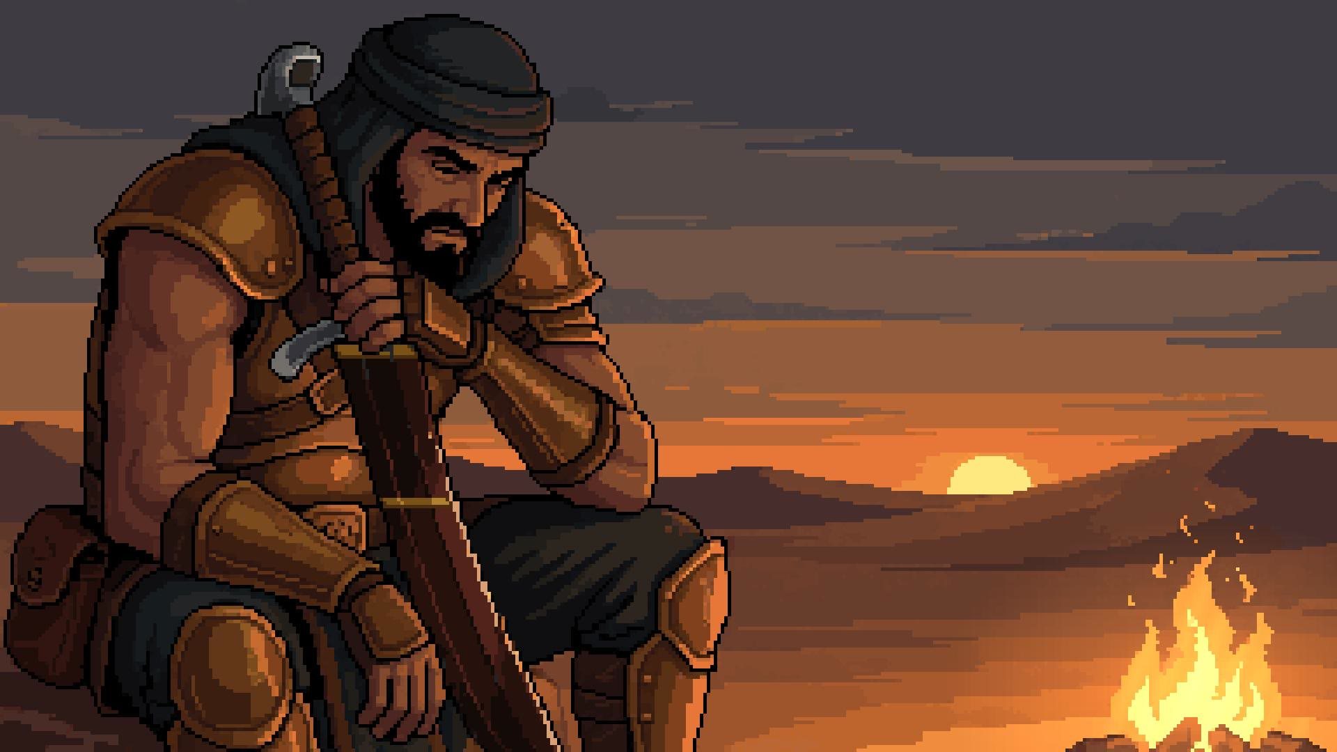 The Bedouin resting by a fire as the sun sets over the dunes