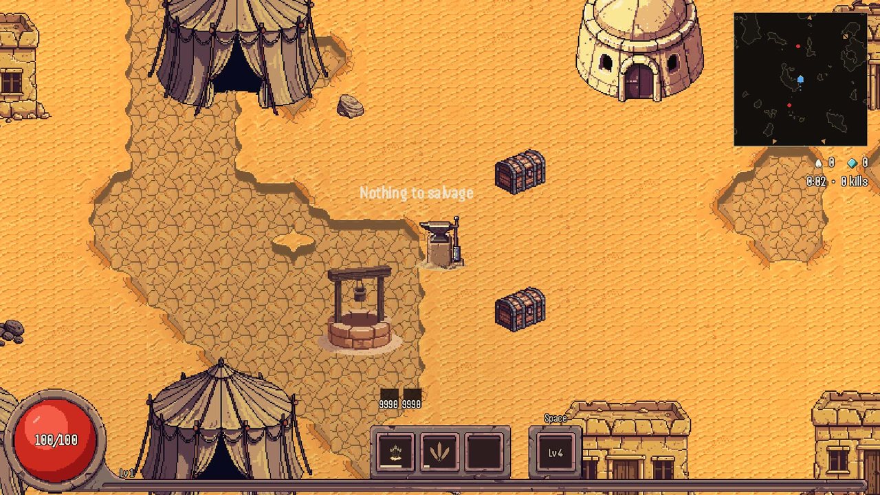 A desert town with a well and salvage chests